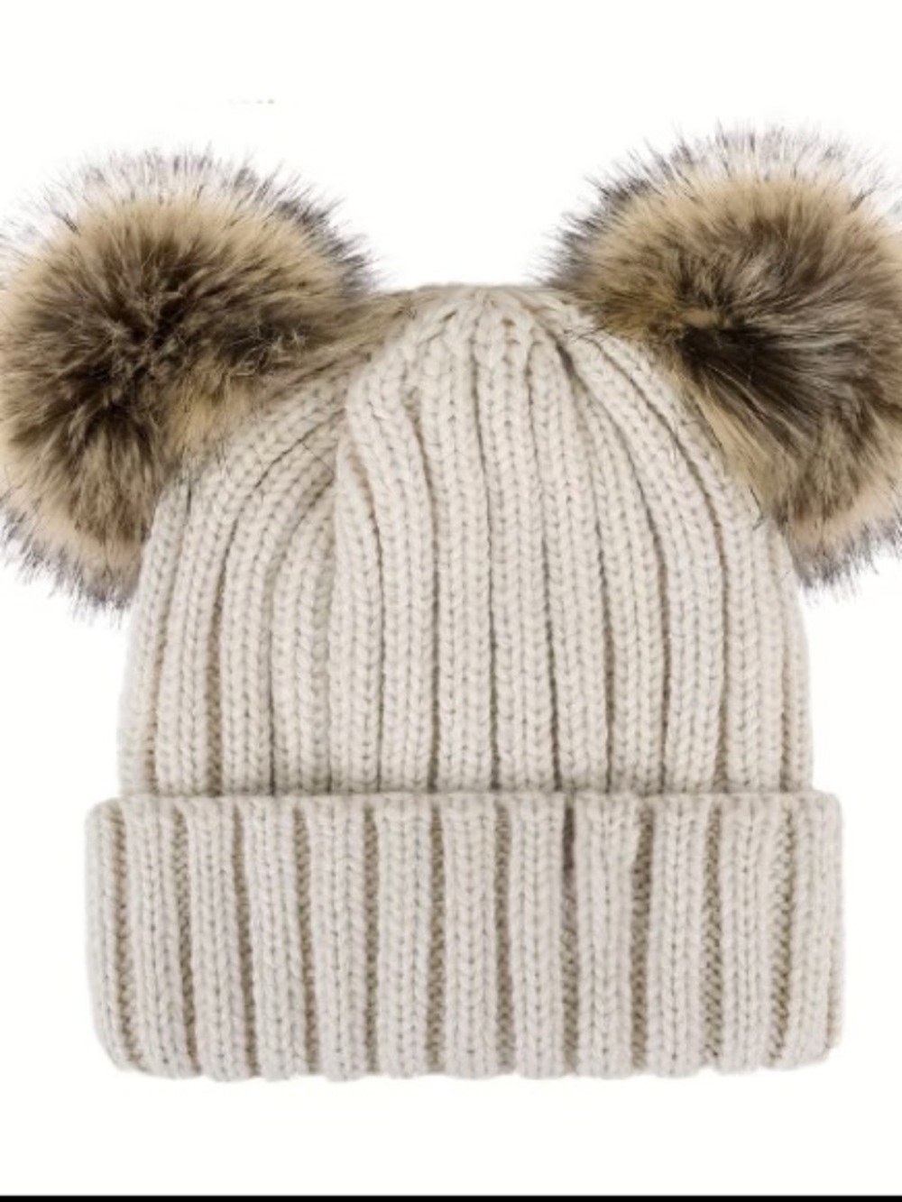 Double Pom Pom Knit Beanie - Cream